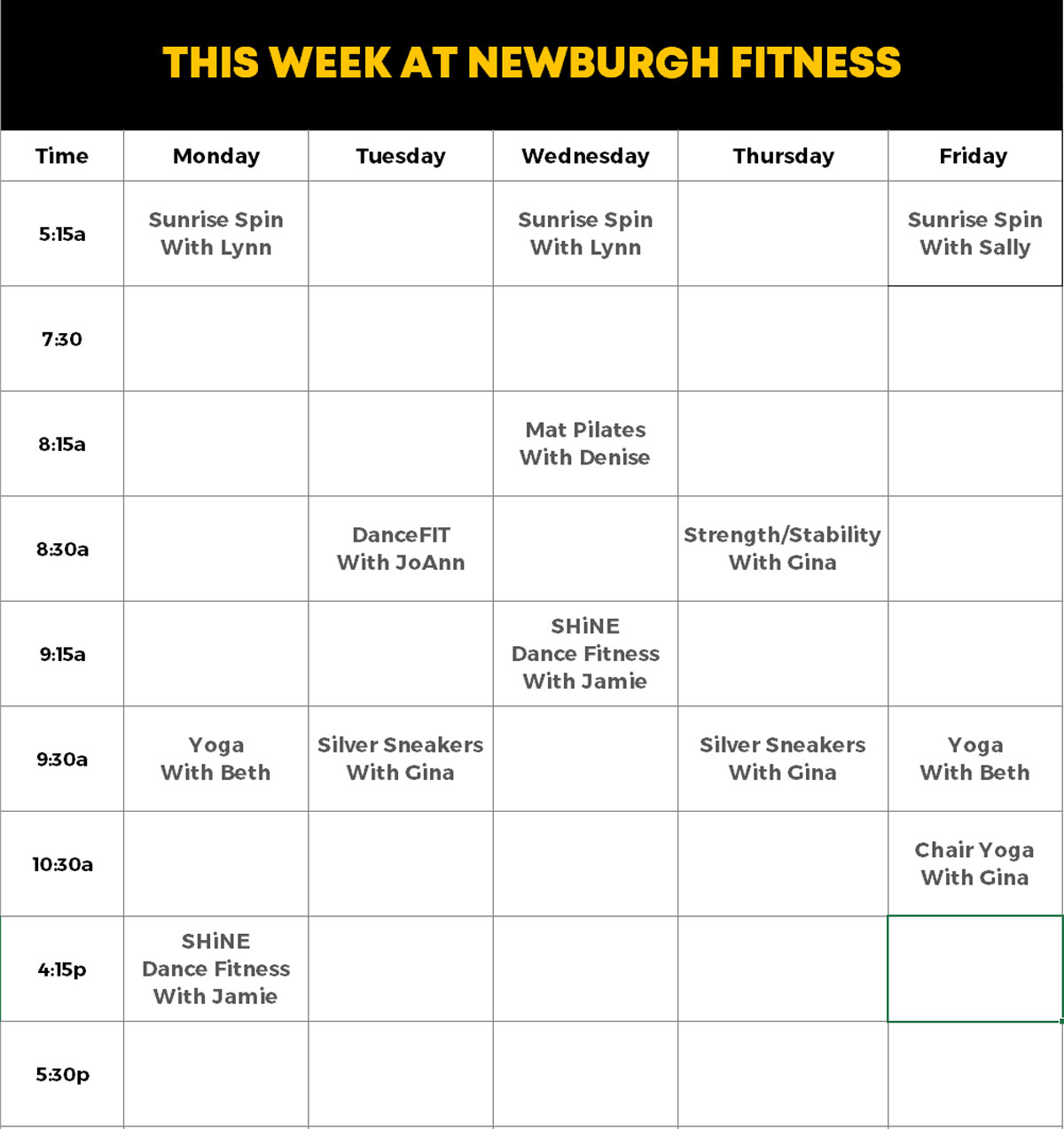 Newburgh Indiana Fitness Class Schedule 24 Hour Gym in Newburgh, IN